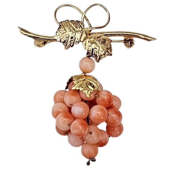 Glass Coral Bead Grape Cluster Brooch, Vermeil 800 Silver Vine Dangle Pin L532 - Picture 2 of 8